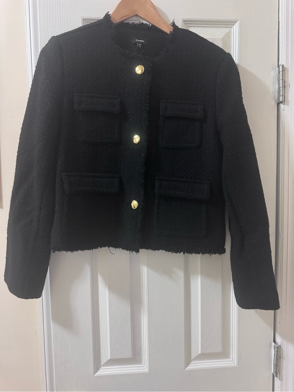 Express Black Tweed Fringe Gold Button Jacket Size M NWOT